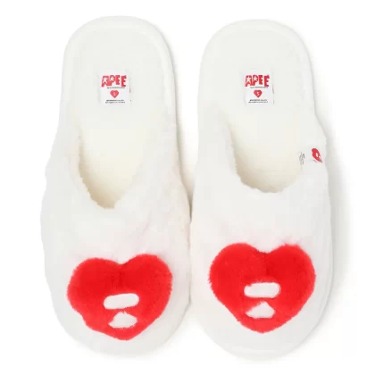 BAPE Apee Heart Furry Slipper White